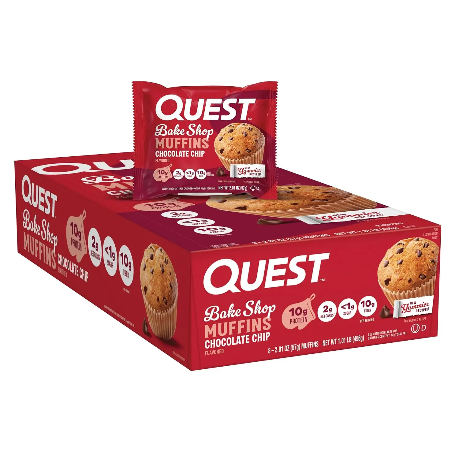 Quest Nutrition Chocolate Chip Muffin, 10g Protein, 2g Net Carb, 8 Count | Less Than 1g Sugar, 10g Fiber, Protein Snack, High Quality Protein, 8ct Box of Individually Wrapped 2.01oz Muffins