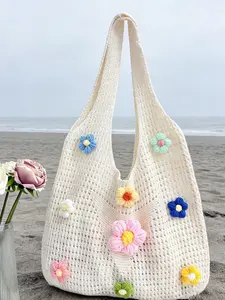 Off-white tote bag with colorful flowers, hollow knit shoulder bag, casual beach and everyday tote bag for women