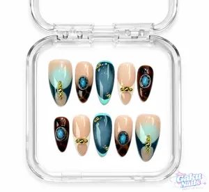 GakuNails TEAL STONE 10 PCS Medium Almond Handmade Press On 3D Charms Builder Gel Teal selectable size Reusable Nails