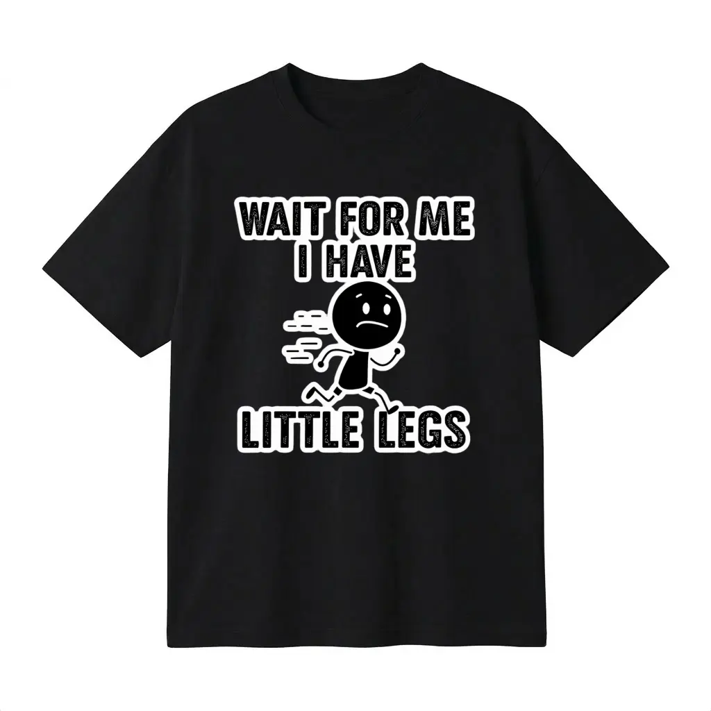 Cotton Oversized T-shirt, Unisex Tee with Wait For Me Little Legs Running Stick Figure Graphic Print, Funny Meme T-Shirt for Casual Streetwear