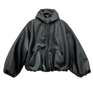 High Street Black Color Leather WIndbreaker Coat Mens and Women Cleanfit Casual Loose Zipper Hooded Jackets Oversized