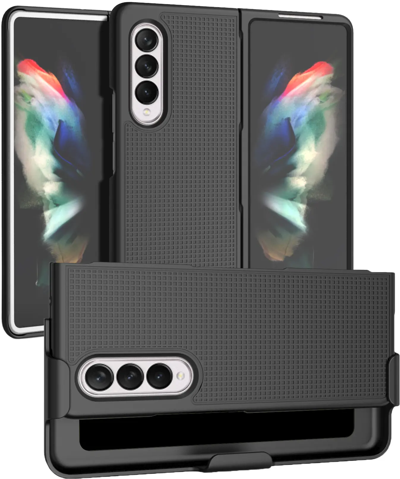 Case with Clip for Galaxy Z Fold 3 5G, Nakedcellphone Grid Texture Slim Hard Cover and Custom Belt Hip Holster Holder View Stand Combo for Samsung Z Fold3 Phone (SM-F926) 2021