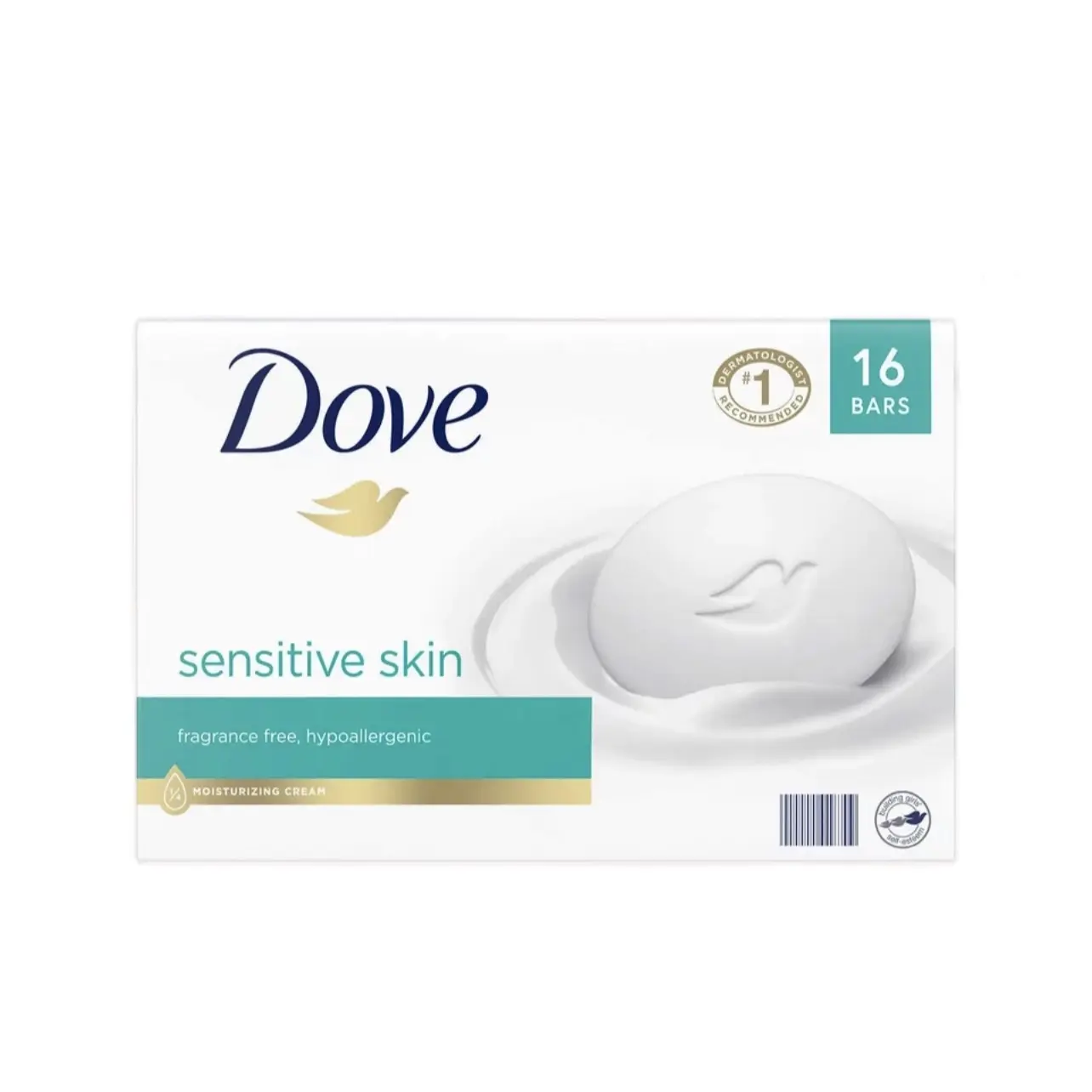 Dove Sensitive Skin Beauty Bar, Hydrating Moisturizer & Gentle Cleanser for Silky Smooth Skin, Fragrance-Free, 3.75 oz (16 Bars), Cream