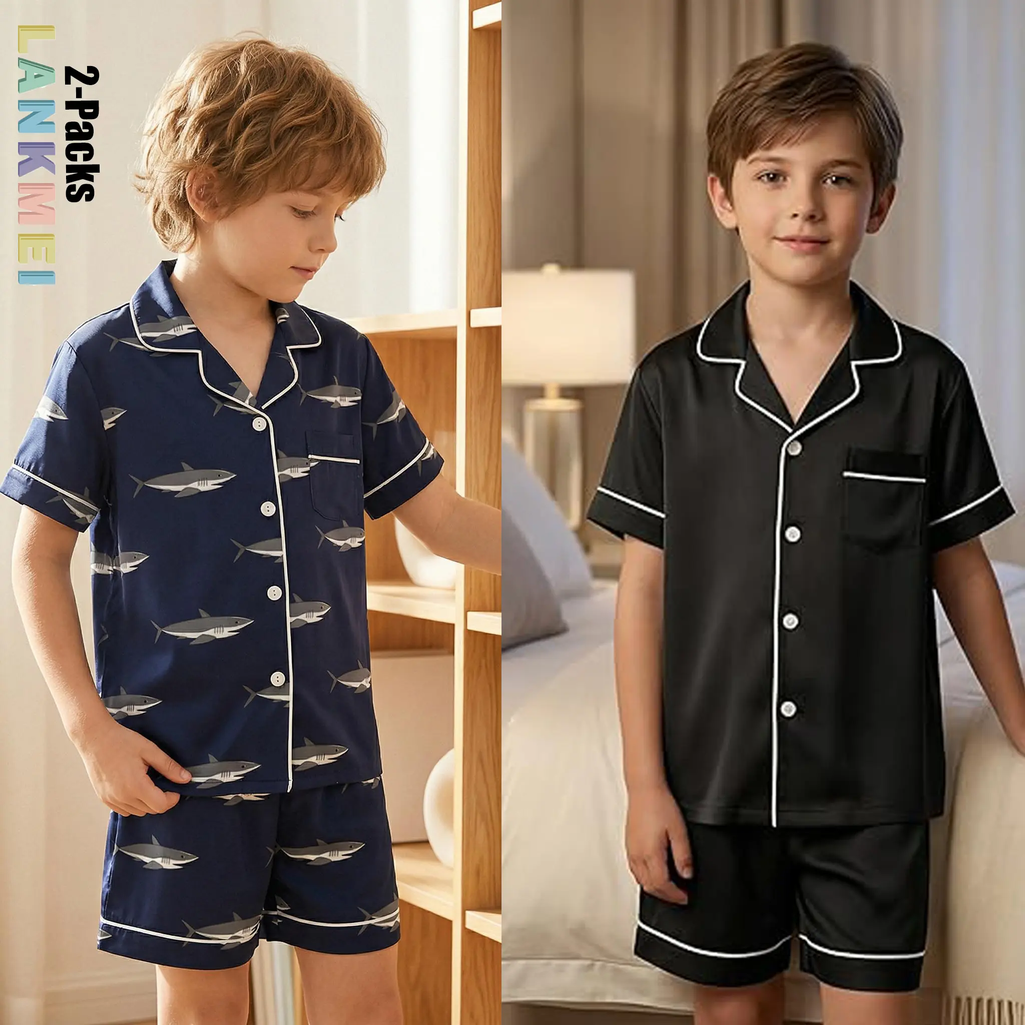 Boys' 2-Pack Classic Button-Down Short-Sleeve Pajama Sets - 5-14 Years, Shark Print & Solid Black, Lightweight Polyester Blend, Fire Resistant, Slight Stretch, Fitted Cut Soft Sleepwear for Bedroom Lounging