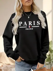 Women's Paris Print Round Neck Sweatshirt, Casual Long Sleeve Pullover for Daily Wear, Ladies Clothes for All Seasons, Hoodie