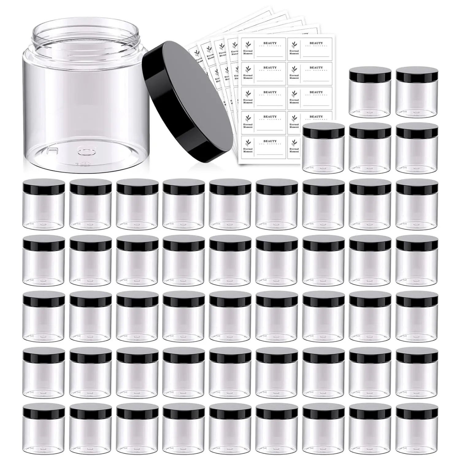 50 Pack 4 OZ Plastic Jars Round Clear Cosmetic Container with Black Lids, Slime Jars for Lotion, Cream, Ointments, Makeup, Eye shadow, Rhinestone, Samples, Pot, Travel Storage
