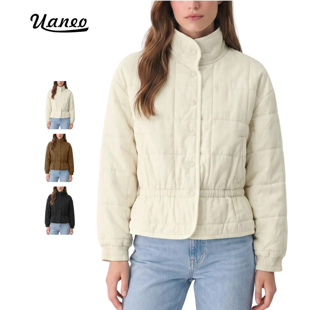 UANEO Womens Lightweight Quilted Puffer Jacket Button Down Waist Tight Coat Fall Winter Outerwear Button Down Closure, Warm Padded Outwear, Fall Bomber Jacket, Relaxed Fit, Cinchable Drawcord Waist, Stand Collar