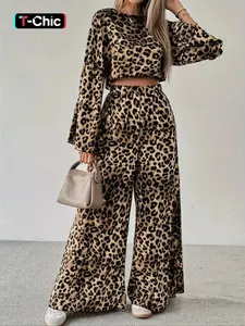 Women's Leopard Print Two-Piece Set, Comfortable Loose Fit Long Sleeve Cropped Top & Flowy Wide Leg Pants, Spring & Fall Fashion, Casual, Womenswear