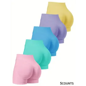 5pcs High-Waist Seamless Sports Shorts-Tummy Control, Butt Lifting & Stretchy Fitness Gear in Pastel Macaron Colors - Perfect for Running bikershorts