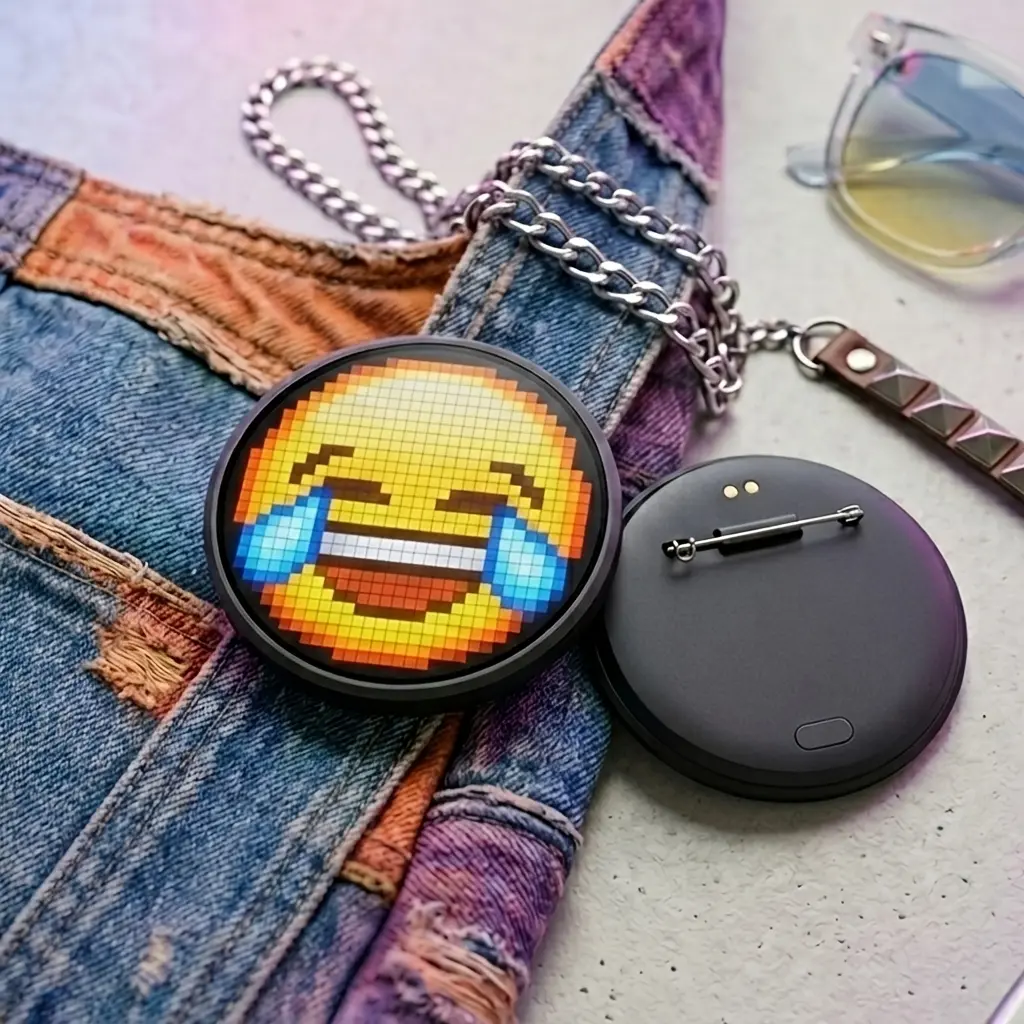 Electronic Badge with Display, Digital Badge Pin, Supports Photo, GIF & Short Video, Dynamic Touch, High Frame Rate, Emoji Keychain, USB Magnetic Charging, LED Anime Badge Cosplay