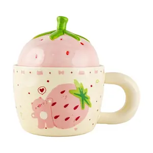 Golden Lion Strawberry Piggy Cup with Pink Lid - 320ML Cute Ceramic Mug for Kids & Adults