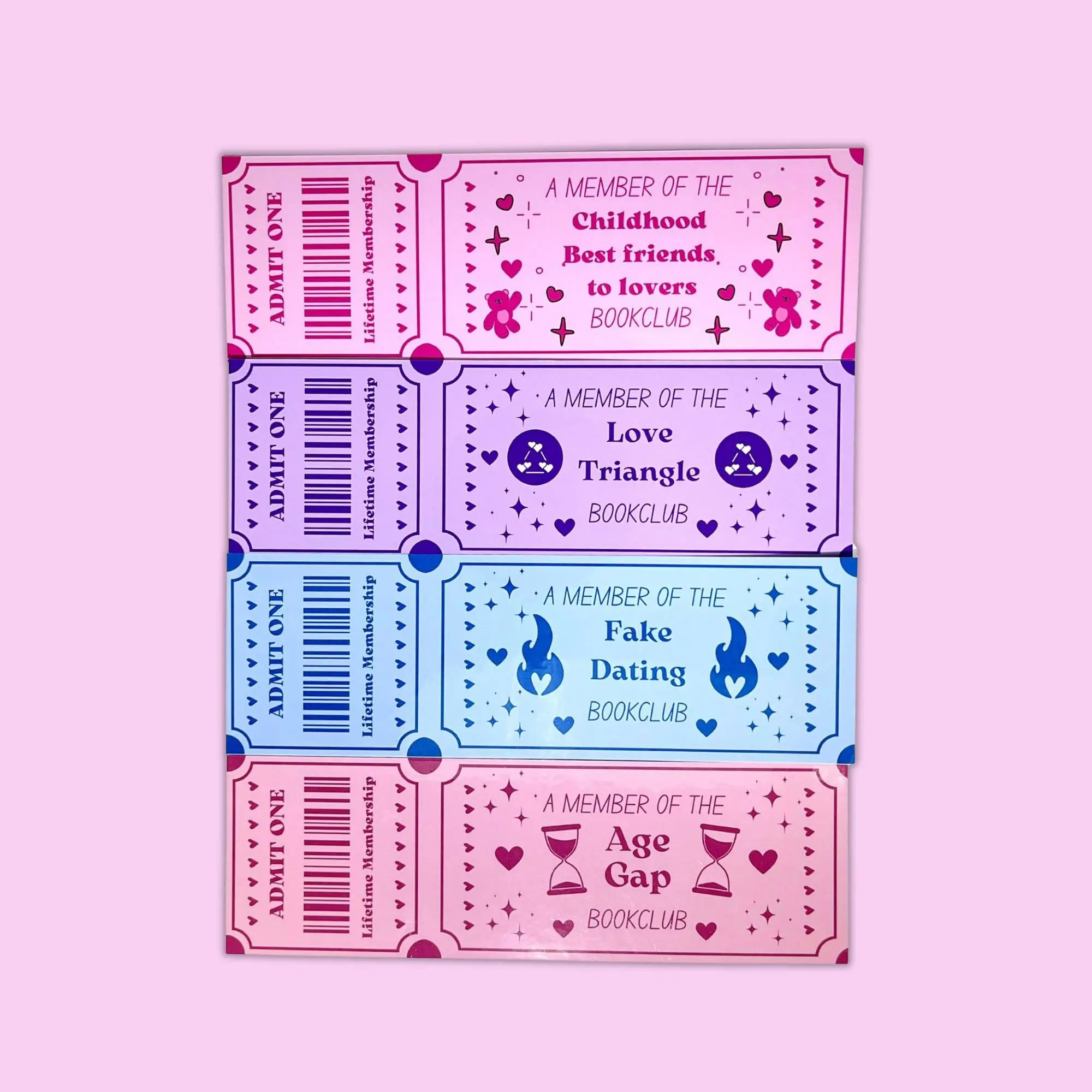 Romance Trope Ticket Bookmarks: Love Triangle, Fake Dating, Friends to Lovers, Age Gap Book Stamps Book Reading Stickers