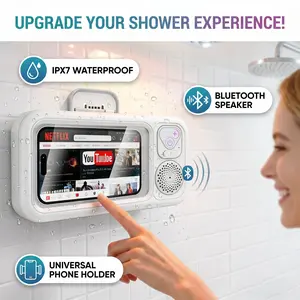 360° Rotatable Shower Phone Holder with Bluetooth Speaker, IPX7 Waterproof Touch Screen Phone Case, Wall Mount Bathroom Phone Stand