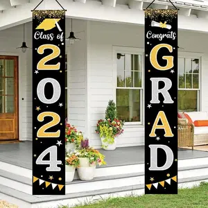 2024 GRAD Banner Black Graduation Party Decorations Porch Door Welcome Banners for Class School