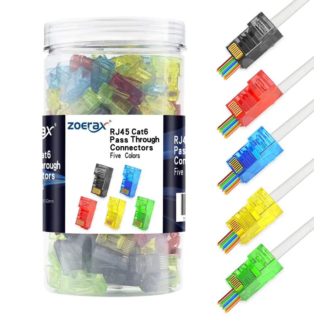 ZoeRax 200-Pack RJ45 Cat6 Pass Through Connector, Assorted Colors, RJ45 Modular Plugs for Solid or Stranded UTP Network Cable