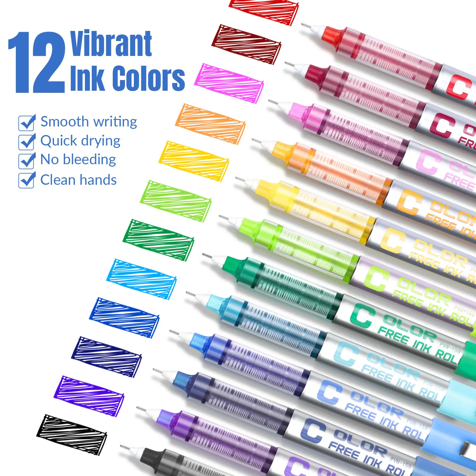 EYEYE Needle Rollerball Pens 0.5mm 12pcs 12 Assorted Colors Extra Fine Point Quick Dry Liquid Ink Pens for Journaling, Note Taking, Office, Doodling & Gifts Colorful Marker Set