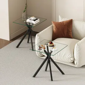 2pcs 17.72" Square Clear Tempered Glass End Table 2 Pcs | Metal Legs, Side Table for Living Room