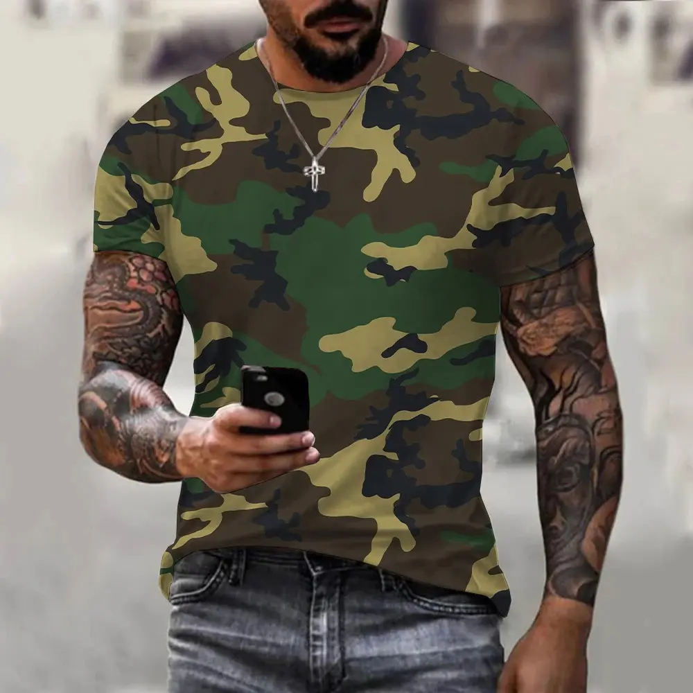 Men's Polyester T-Shirt, Casual 3D Camouflage Print Oversized Shortsleeve Top for Summer, Customizable, Menswear