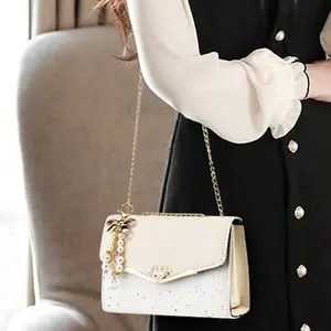 Elegant Shoulder Bag for Women PU Leather Handbag Sequin Crossbody Bag Star Pattern Bow & Faux Pearl Decor(Sheets)