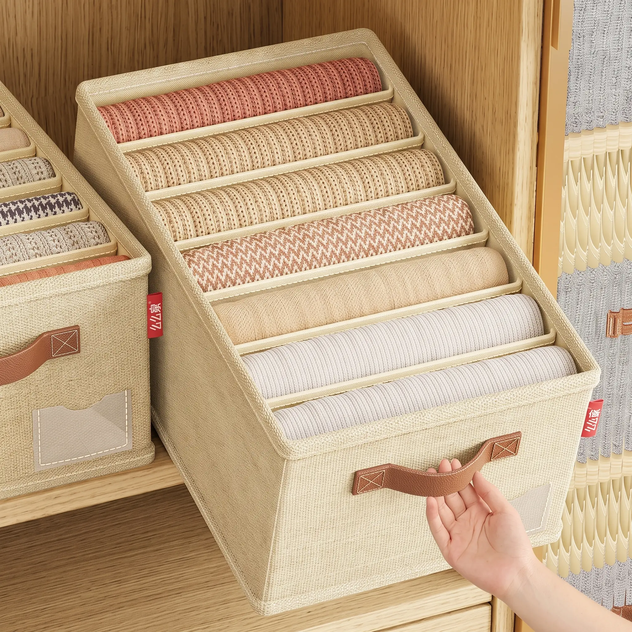 Foldable 7-Grid Clothing Storage Box Cotton Linen Wardrobe Organizer, Heavy Duty Closet Drawer Divider Bins for Jeans Pants T-Shirts Leggings