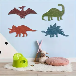 4 Piece Wooden Dinosaur Wall Decor Set, Dinosaur Decoration for Bedroom & Game Room, Wood Hanging Art, Kids Room Decor