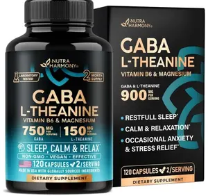 GABA L-Theanine 900 mg - Magnesium | Vitamin B6 - Calm, Sleep, Relaxation & Mood Support - Lab Tested - 750 mg Gamma AminoButyric Acid, 150 mg L-Theanine - Non-Habit Forming, Vegan - 120 Capsules