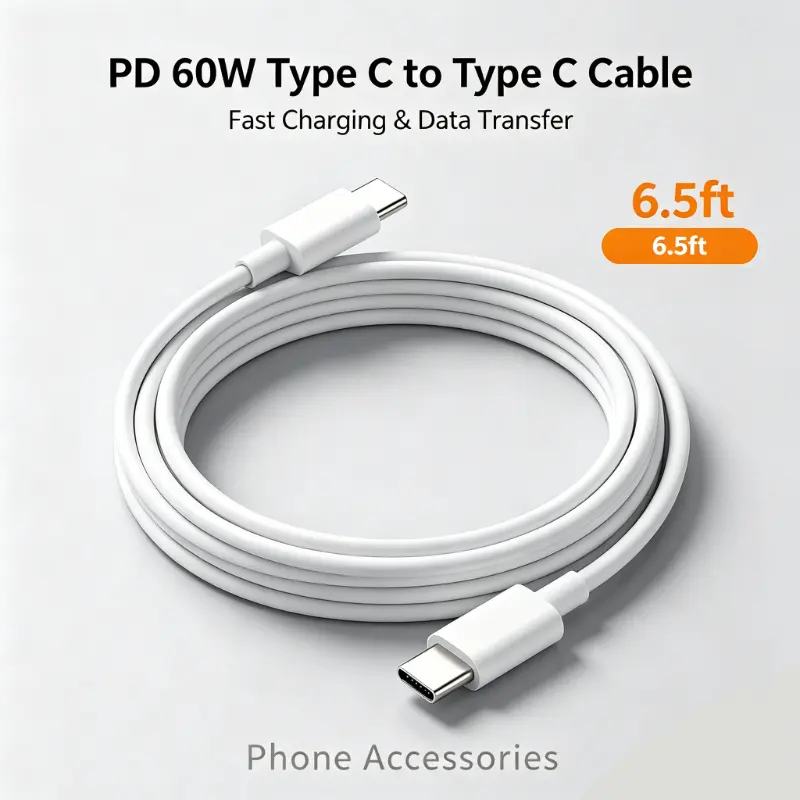6.5FT PD 60W Type-C to Type-C Cable Fast Charging High Speed Data Transfer Mobile Accessories