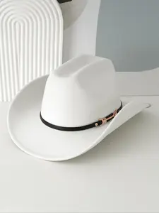 Classic Western Cowboy Hat for Men and Women, Felt Trilby Hat with Belt and Metal Buckle, Vintage Ranch Hat for Parties and Outdoor Events