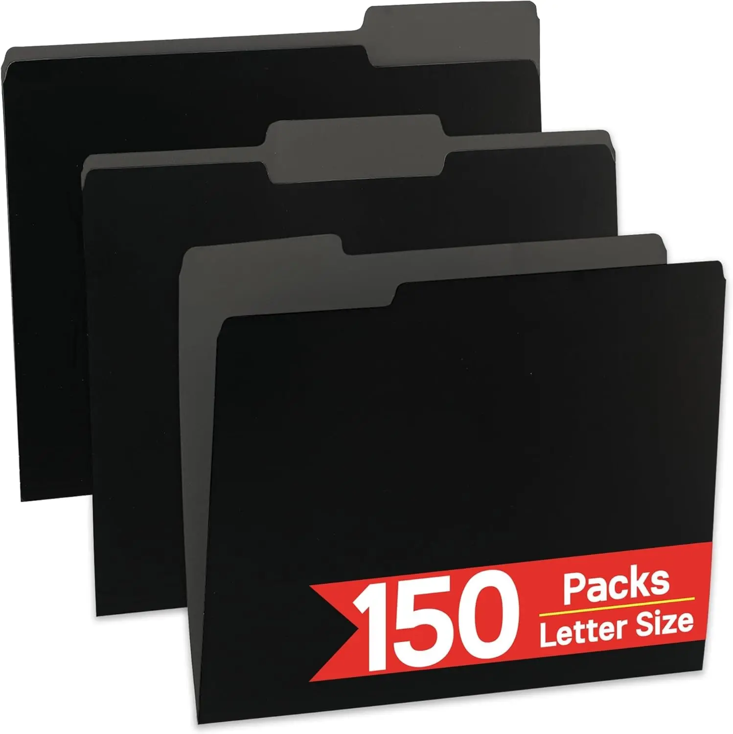 150 Pack Black File Folders Letter Size 8.5x11 in, 1/3-Cut Tabs in Assorted Positions, Cardstock Paper Folders for Office School & Home Filing Organization Bulk Document Folders
