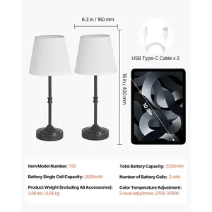 VEVOR Cordless Table Lamp, 2 Pack, 5200mAh Built-in Rechargeable Battery Desk Lamp, 3-Level Brightness, Fabric Shade, 2700-3000K Color Temperature, Table Light for Restaurant, Bedroom, Bars, Black