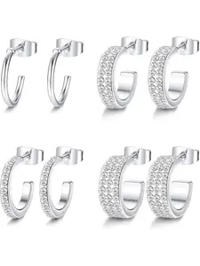4 Pairs Half Hoop Earrings Set White Gold Plated Tiny Small Huggie Hoops Cuff Loop Earrings for Woman