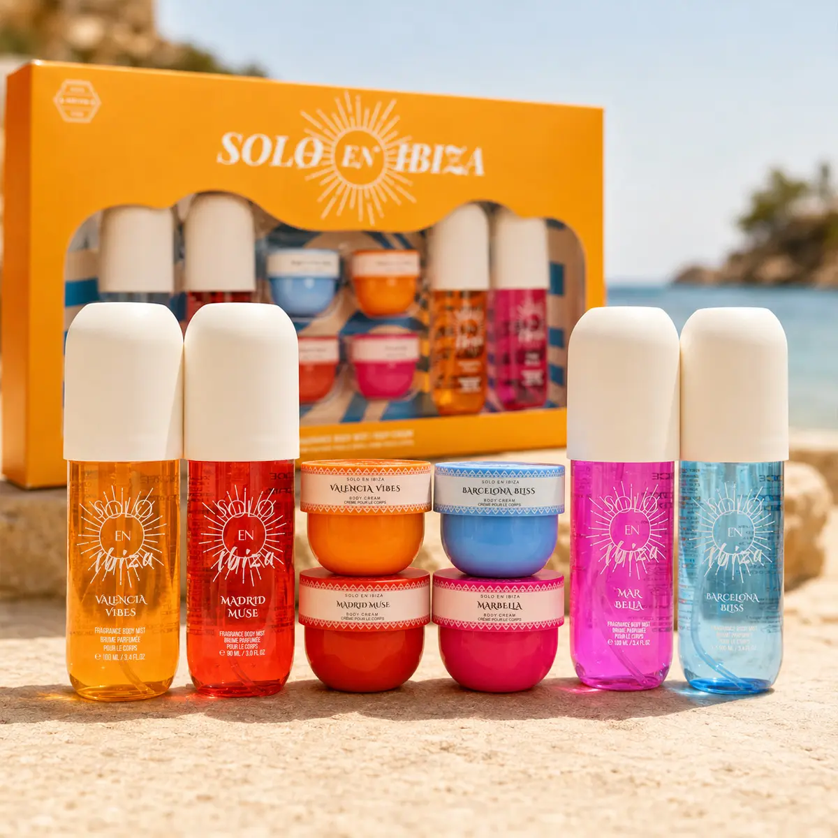 SOLO EN IBIZA 8-Piece Cruelty-Free Fragrance Body Care Gift Set - Hydrating Body Mist, Cream with Caramel, Almond, Fruit, Jasmine Scents, Flowers, Fresh and Clean, Layering Option, Gift Guide for Her
