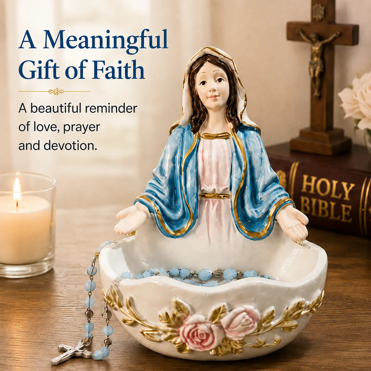 Catholic Virgin Mary Rosary Holder Statue - Decorative Religious Home Decor Figurine with Jewelry Dish, Blessed Mother Prayer Collectible, Meaningful Gift for Mom, Ornaments