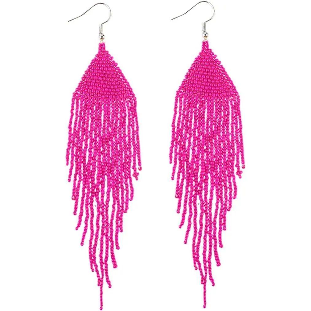 Native Long Beaded Earrings - Bohemian Large Handmade Beaded Tassel Chandelier Dangle Earrings, Boho Big Mexican Tribal Seed Bead Fringe Drop Earrings for Women