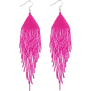 Native Long Beaded Earrings - Bohemian Large Handmade Beaded Tassel Chandelier Dangle Earrings, Boho Big Mexican Tribal Seed Bead Fringe Drop Earrings for Women