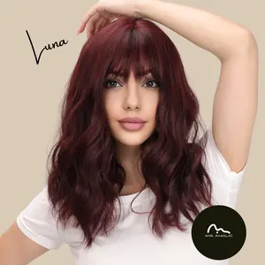 LUNA【WA-SM035】14inches Dark Red Loose Wavy Wig with Bangs for Women Glueless  Synthetic Fiber Hair Full Machines Made Heat Resistant for Party Daily