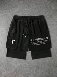 Unisex design featuring Bible verses and a cross-stitch print with a drawstring waist, a two-layer shorts with a religious aesthetic style, Casual athletic shorts, double-layered design makes it suitable for casual fitness activities, everyday gatherings