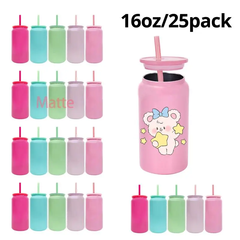 25-Pack 16oz Stainless Steel Can-Shape Sublimation Ready Water Bottles, Mixed Colors, Insulated Lid & Straw Included, Portable Blank Kitchenware, USA Warehouse Drinkware for Water Storage