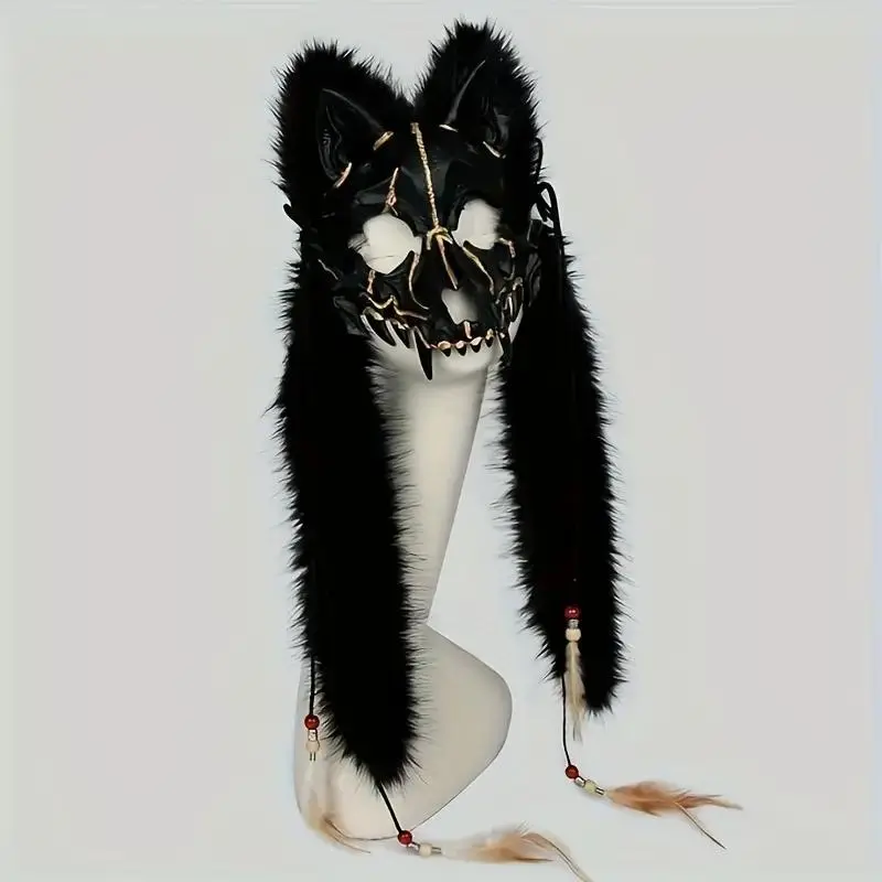 Viking Fox Mask with Faux Fur Headdress, Adult Spooky Halloween Event Fancy Costume Accessory, Mask Design, Perfect for Cosplay & Parties, Party Face Masks, Ideal Gift for Enthusiasts, Festival Party Supplies