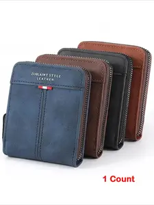 Men's  Zipper Short PU Leather Wallet Woven Tape Spliced Leather Vintage Purse Multifunctional and Multi Card ID Money Bag