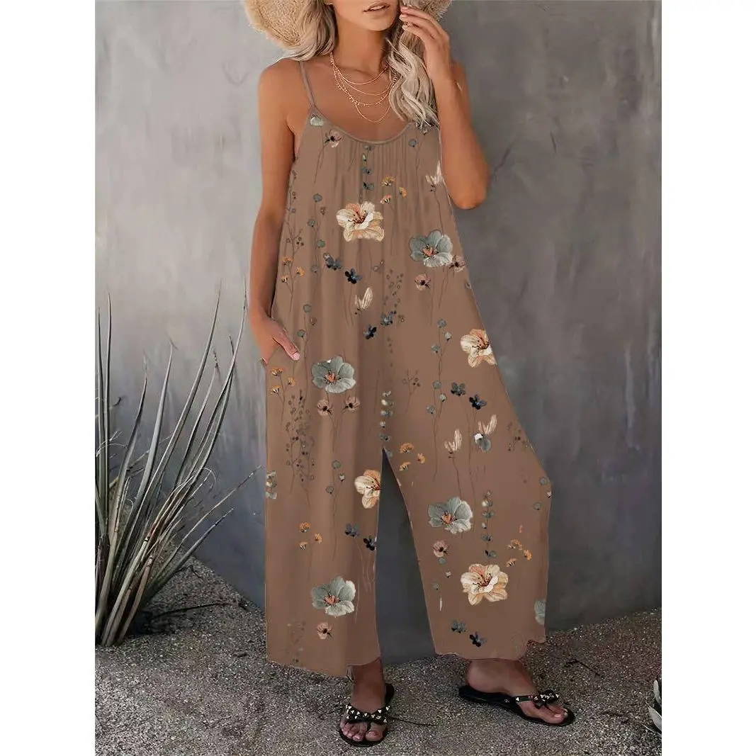 Casual Sleeveless Floral Print Jumpsuit- select color