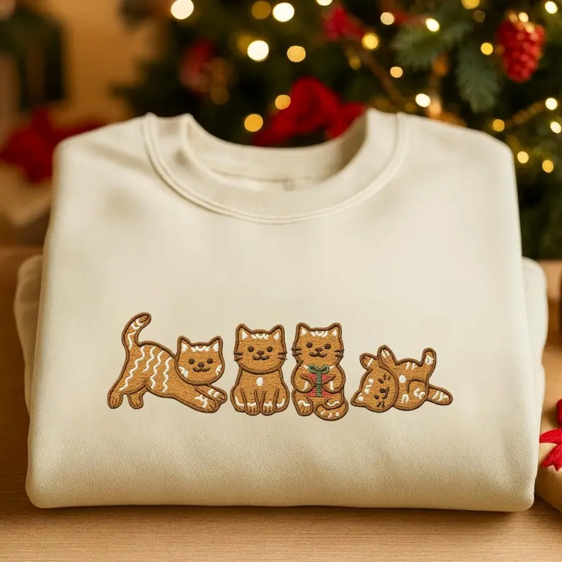 [MADE IN US] Gingerbread Cat Embroidered Sweatshirt, Christmas Holiday Crewneck, Cute Xmas Shirt, Christmas Gift For Family, Friend, Holiday Shirt