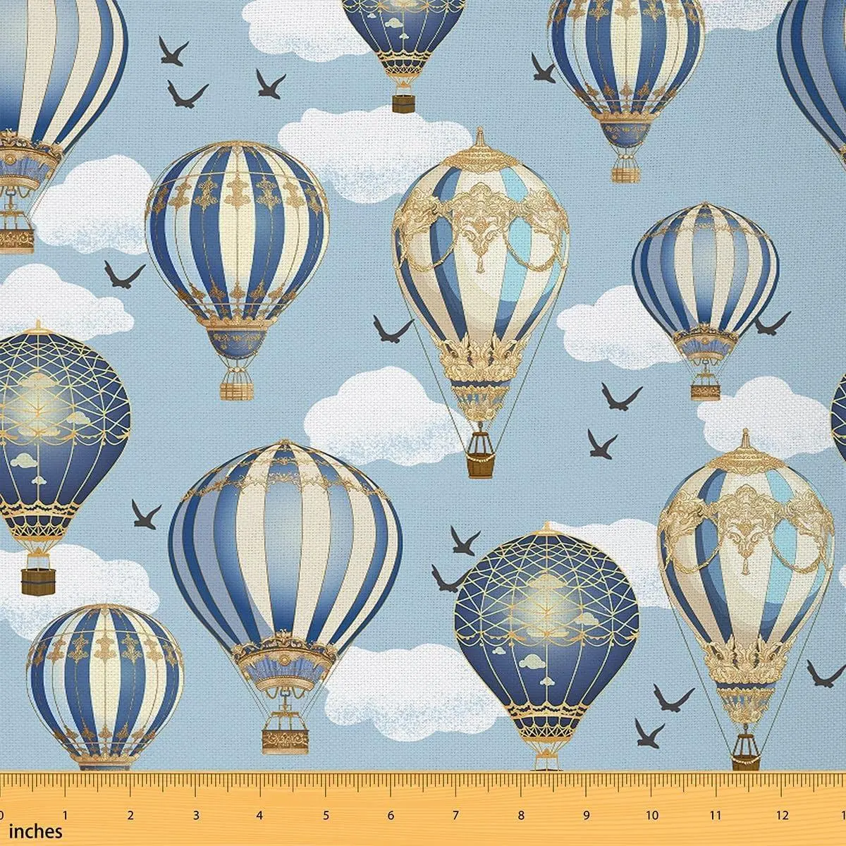 Hot Air Balloon Fabric Watercolor Blue Stripes Cartoon Clouds Fabric Sewing Lovers Cute Wild Birds Animal Soft Flannel Polyester No Stretch
