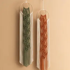 Macrame Wall Hanging in Bohemian Style, Handcrafted Bamboo Circle with Fringe Leaf Design, Home Decor for Living Room & Bedroom, Boho