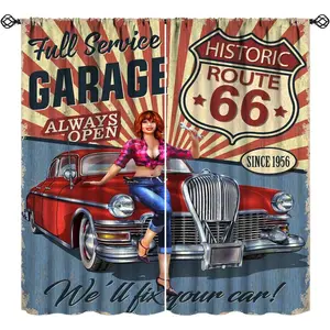 Vintage Car Curtains Retro Route 66 Old Classic Car Theme Art Printed Window Treatment for Bedroom Living Room Kitchen Decor Fabric 2 Panel W21xL45in 30% Blackout