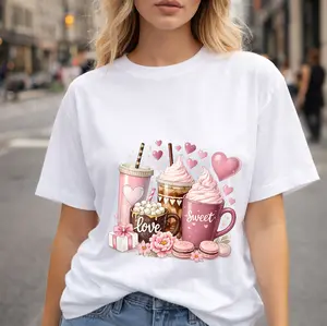 Pink Aesthetic Coffee & Macarons T-Shirt - Cute Coquette Heart Graphic Tee, Soft Girl Pastel Sweet Treats Shirt, Romantic Gift for Her