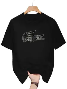 Full Print Letter Patch Crocodile Logo Short Sleeve T-Shirt, Heavy Cotton Loose Fit, Luxury Trendy Cleanfit Summer Top