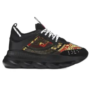 LV Sneakers - Black with Unique Red and Gold Design Athletic Shoes