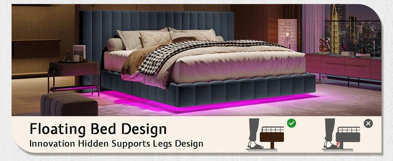 AMERLIFE Upholstered Bed Frame with Oversized Headboard, Modern Floating Bed Frame with RGB LED Lights, Velvet Channel Tufted Platform,Stable&Durable/No Box Spring Needed/Luxury Furniture Design/Queen/King Size/Best Gift Ideas/Christmas Gifts