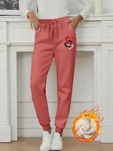Women's Fleece Lined Long Pants, Heart Pattern Print, Drawstring Waist Adjustable, Straight Leg, Casual Fall & Winter Wear, Warm Inner Liner, Fit